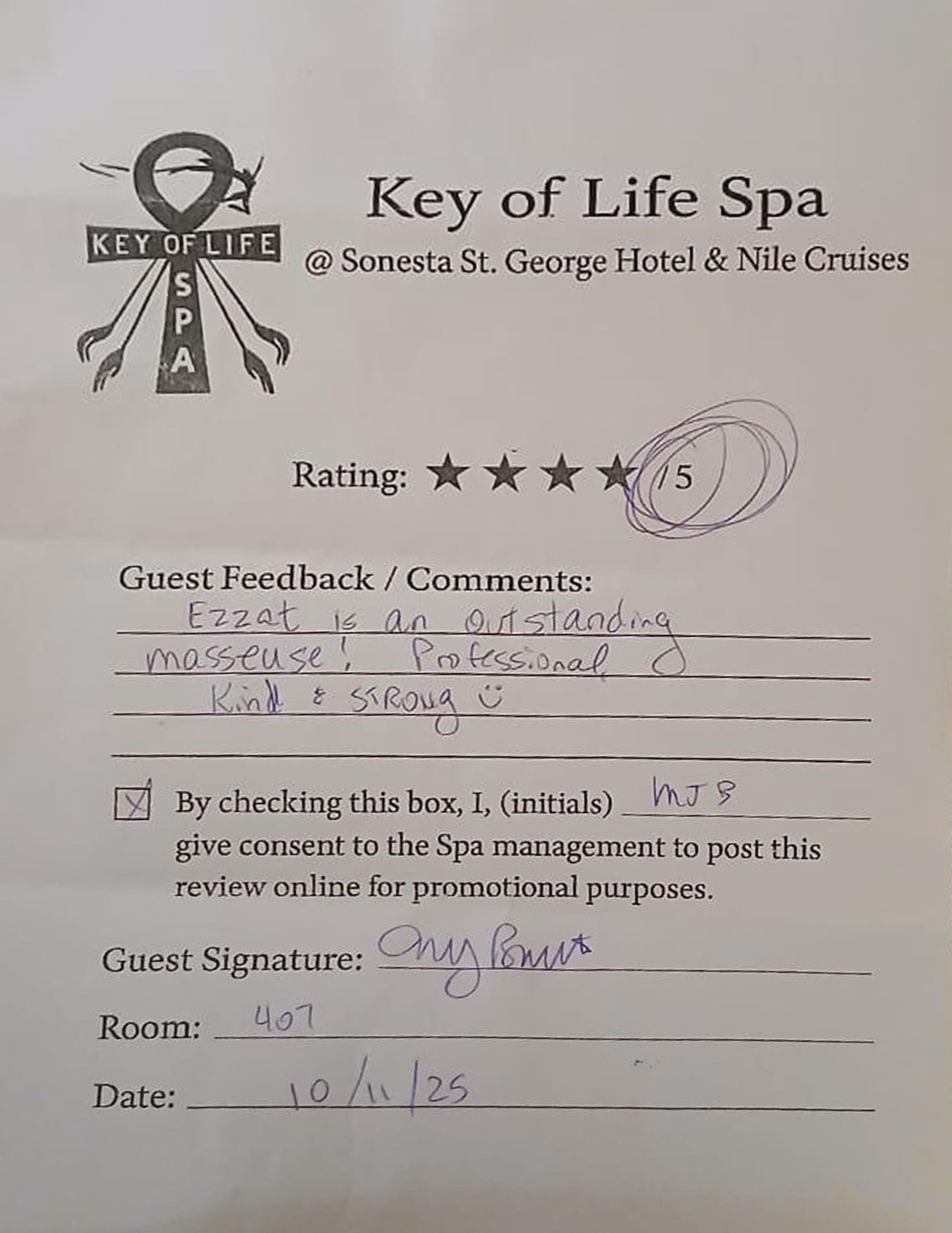 Handwritten guest review card 2