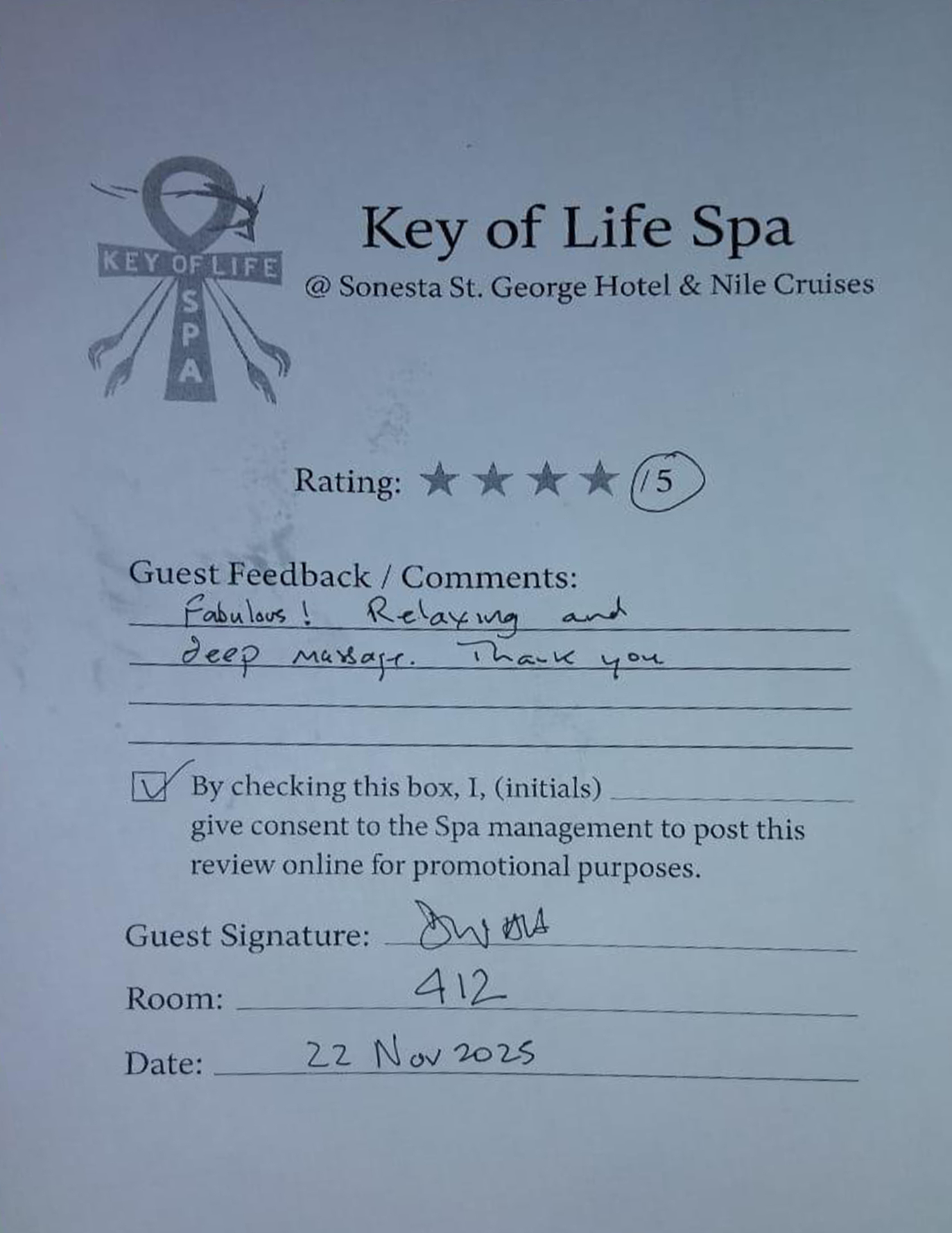Handwritten guest review card 3
