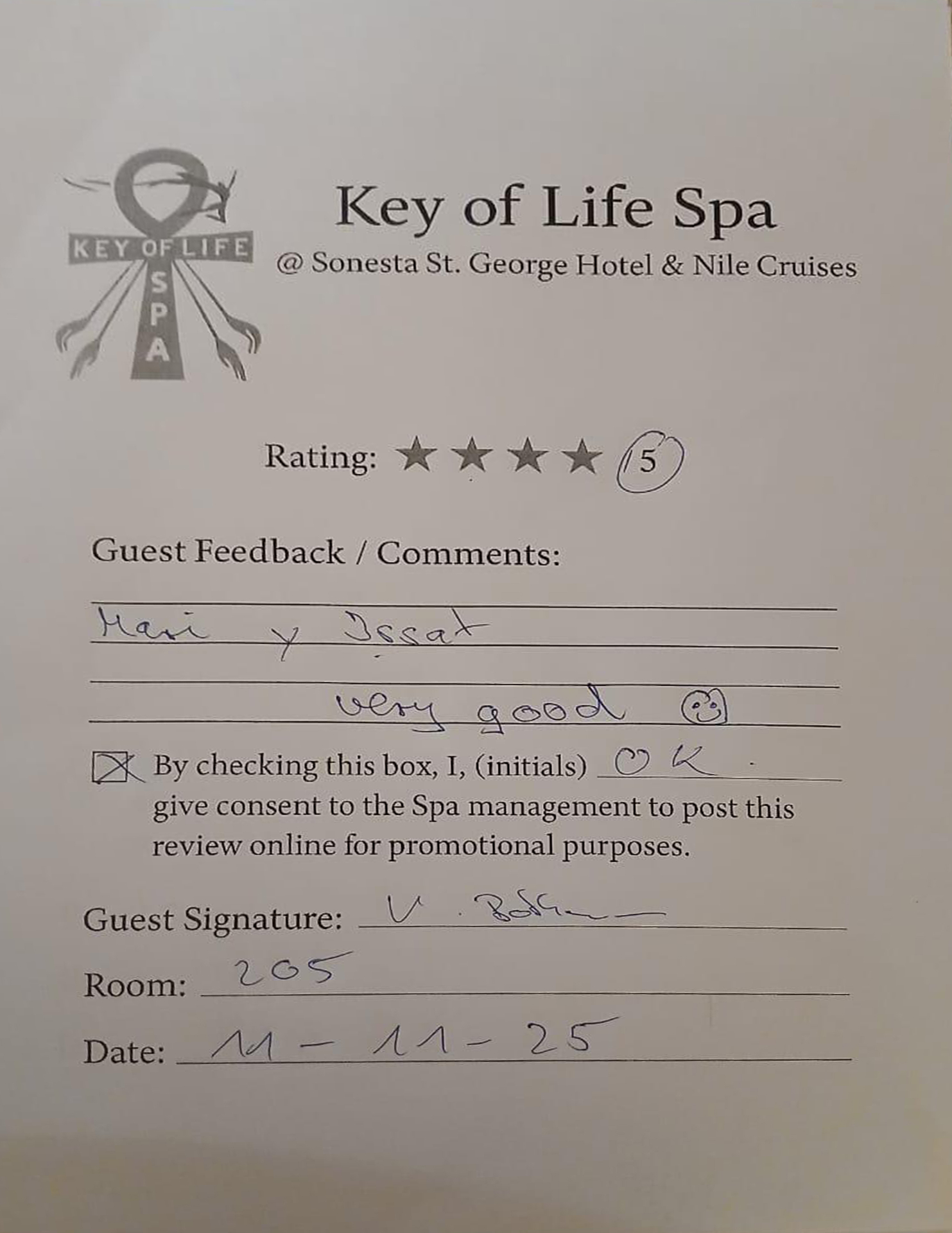 Handwritten guest review card 1