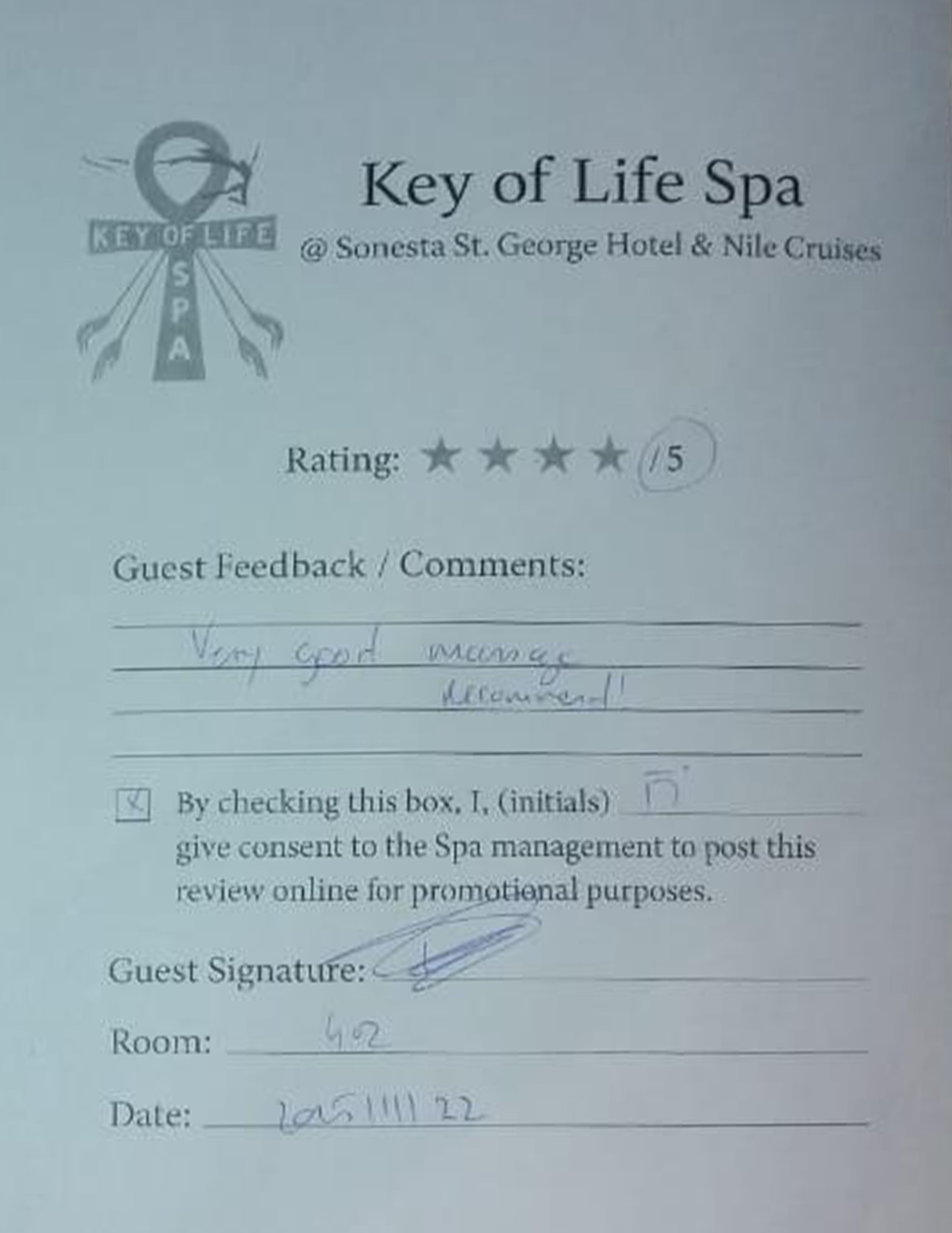 Handwritten guest review card 7
