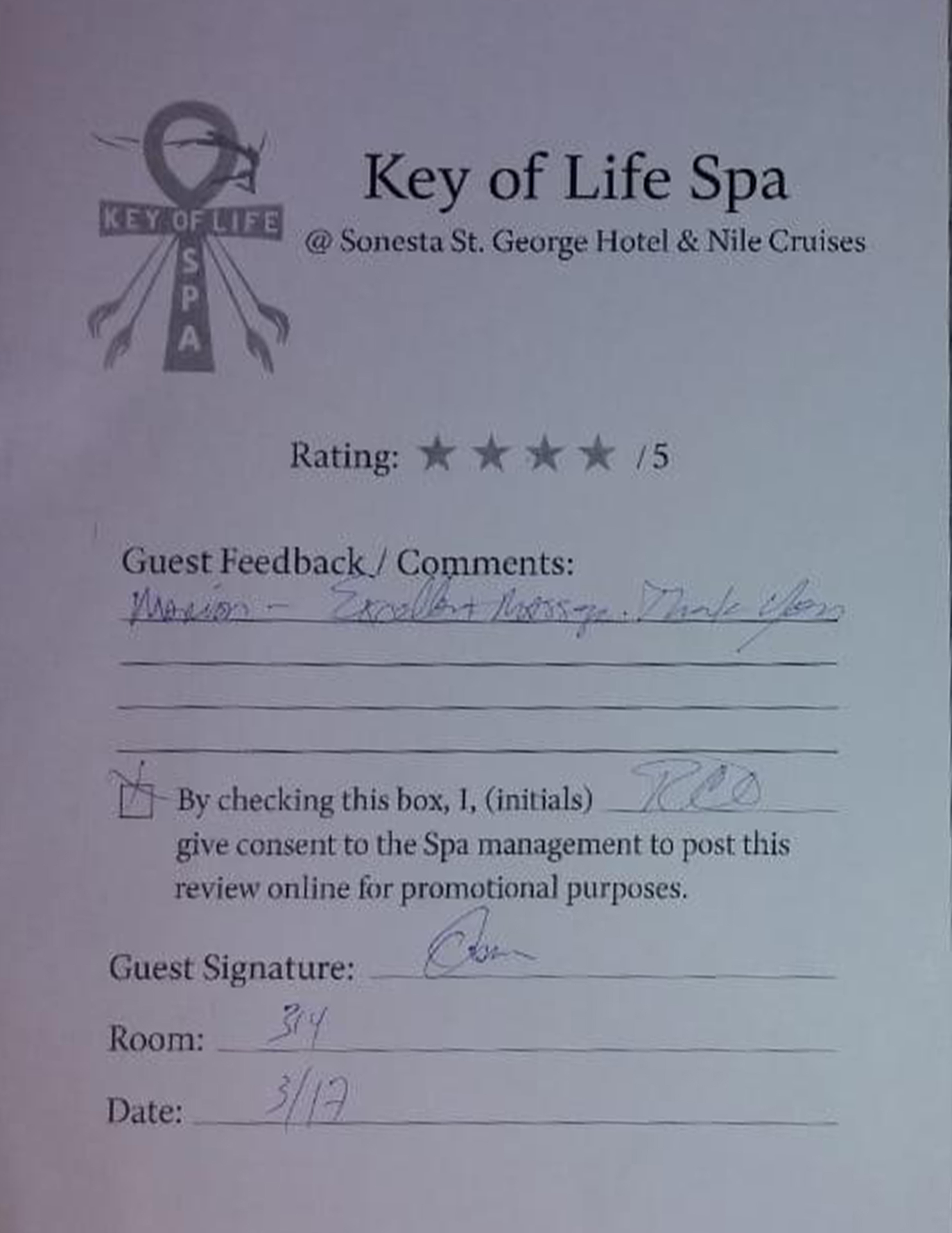 Handwritten guest review card 8