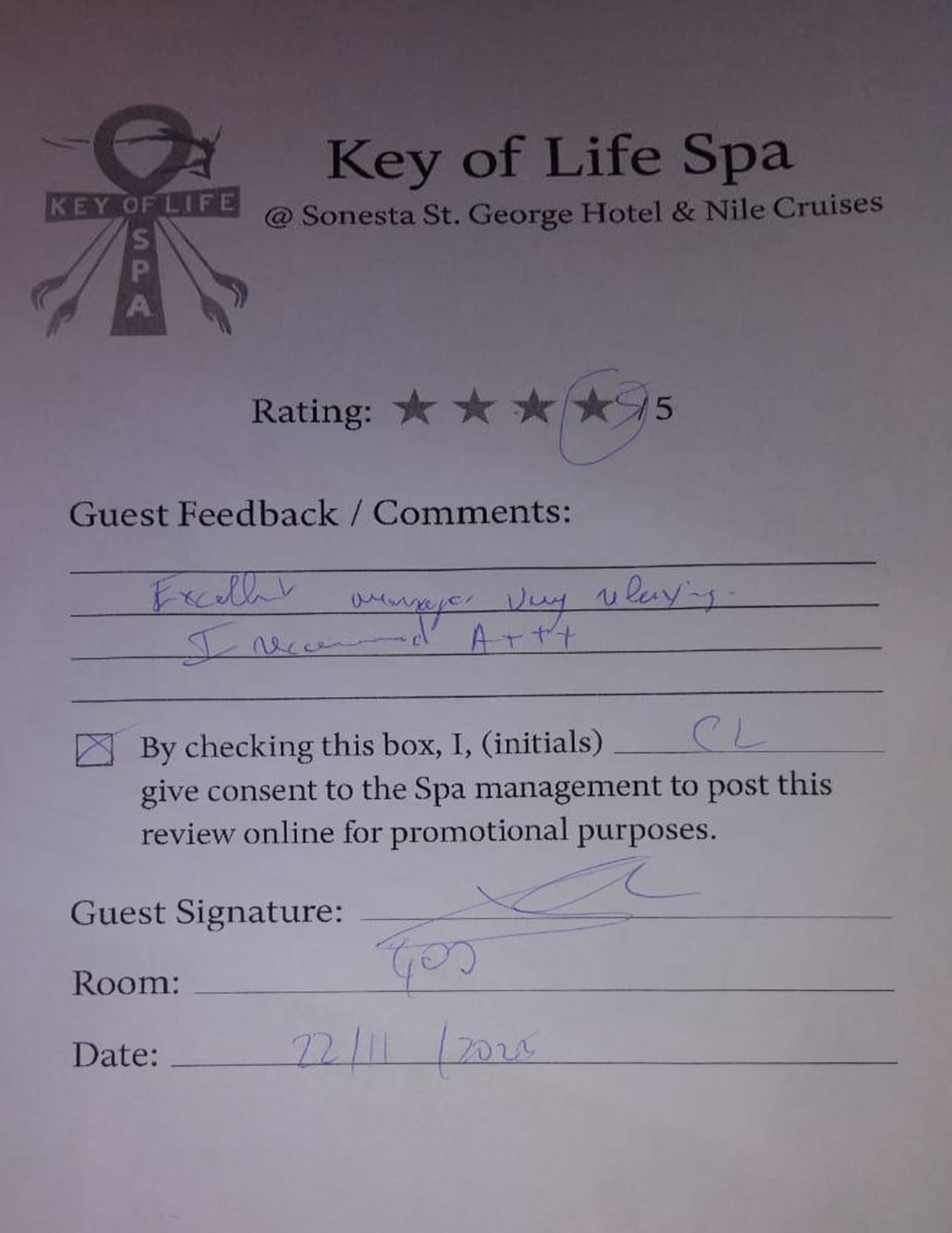 Handwritten guest review card 5
